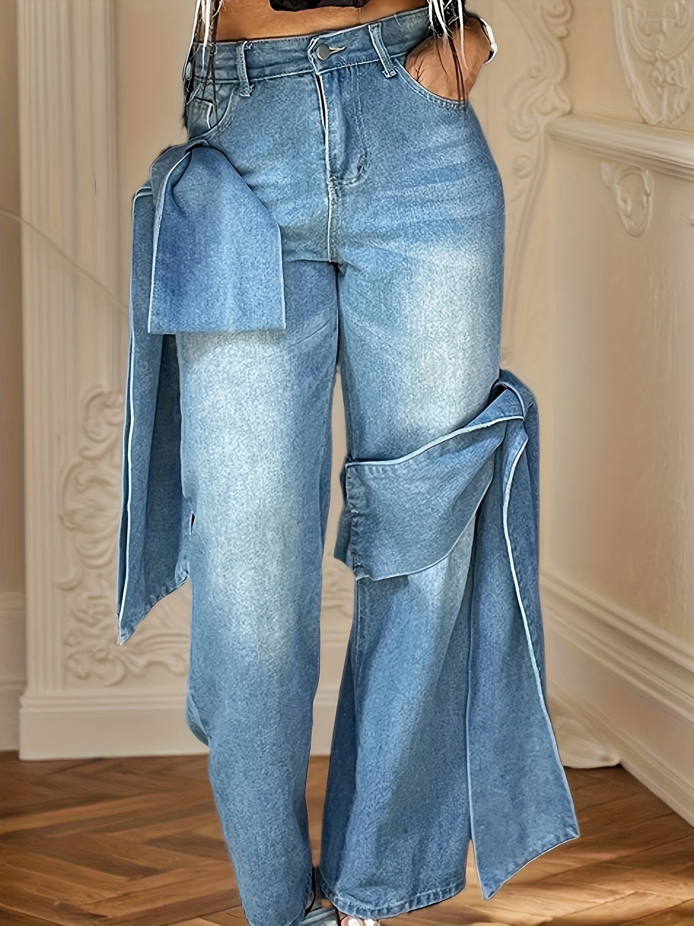 Blue Wide Leg Jeans with Bow-Tie Design Casual All-Season Polyester Blend Denim Pants with Slight Stretch for Comfort