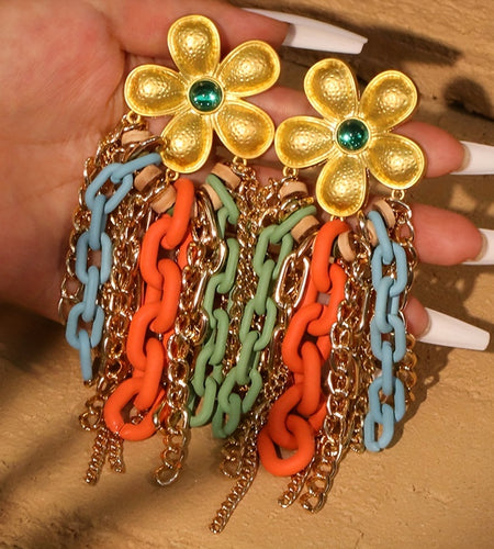 1 Pair Bo ho Chic Alloy Flower Tassel Earrings with Colorful Acrylic Chains, Stainless Steel Posts - Lightweight