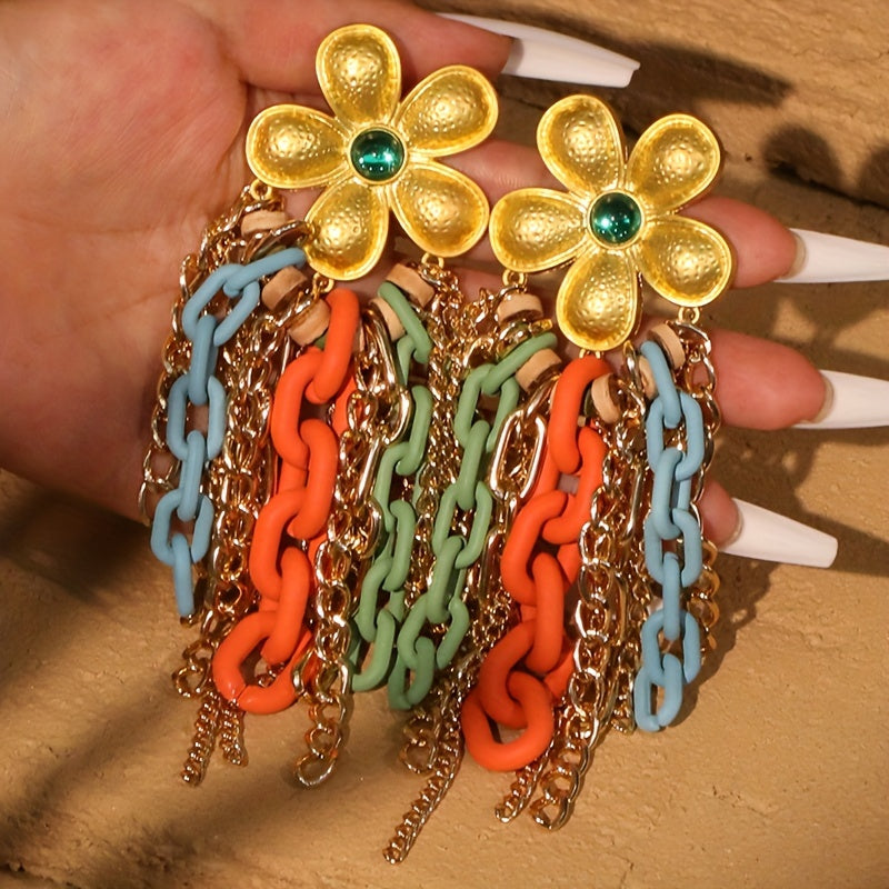 1 Pair Bo ho Chic Alloy Flower Tassel Earrings with Colorful Acrylic Chains, Stainless Steel Posts - Lightweight