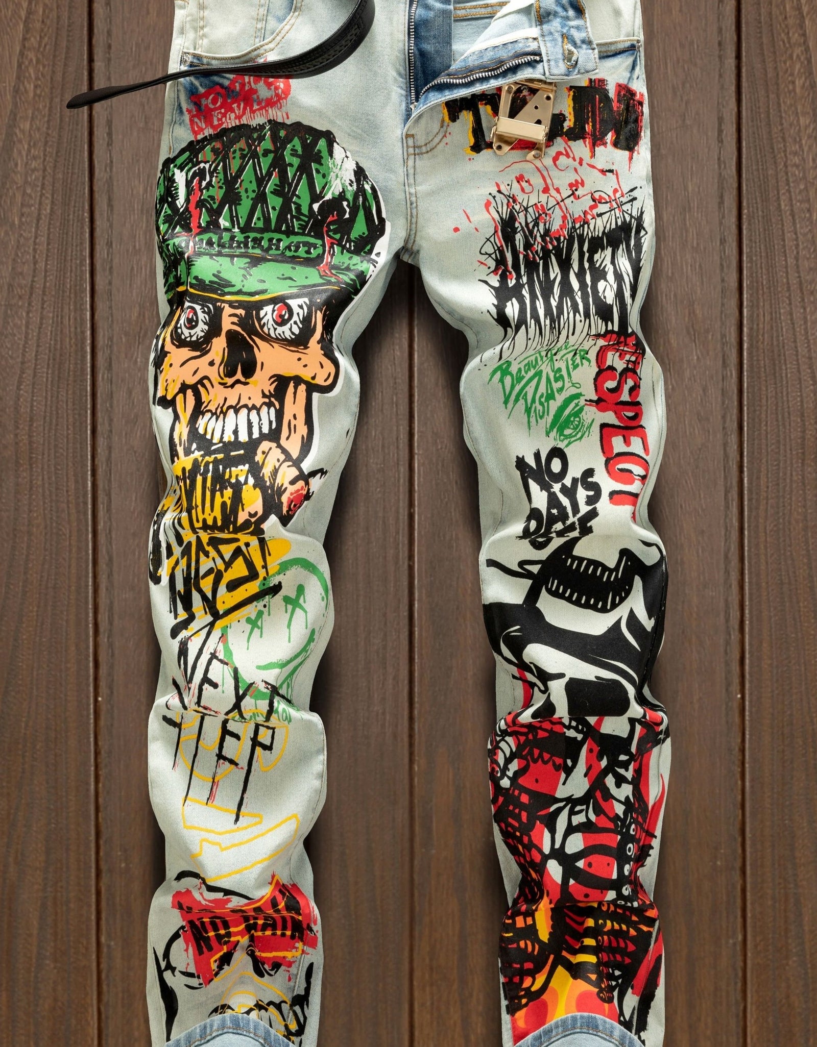 Retro Men's Graffiti Printed Jeans Street Fashion Trend Zip Fly Regular Fit Slight Stretch Denim