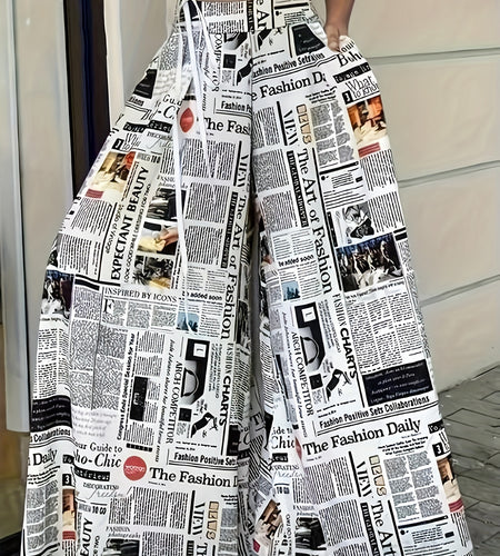 Newspaper Print Wide Leg Pockets Pants, Casual & Versatile High Waist Pants For Spring & Summer, Women's Clothing