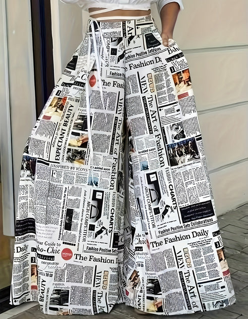 Load image into Gallery viewer, Newspaper Print Wide Leg Pockets Pants, Casual &amp; Versatile High Waist Pants For Spring &amp; Summer, Women&#39;s Clothing
