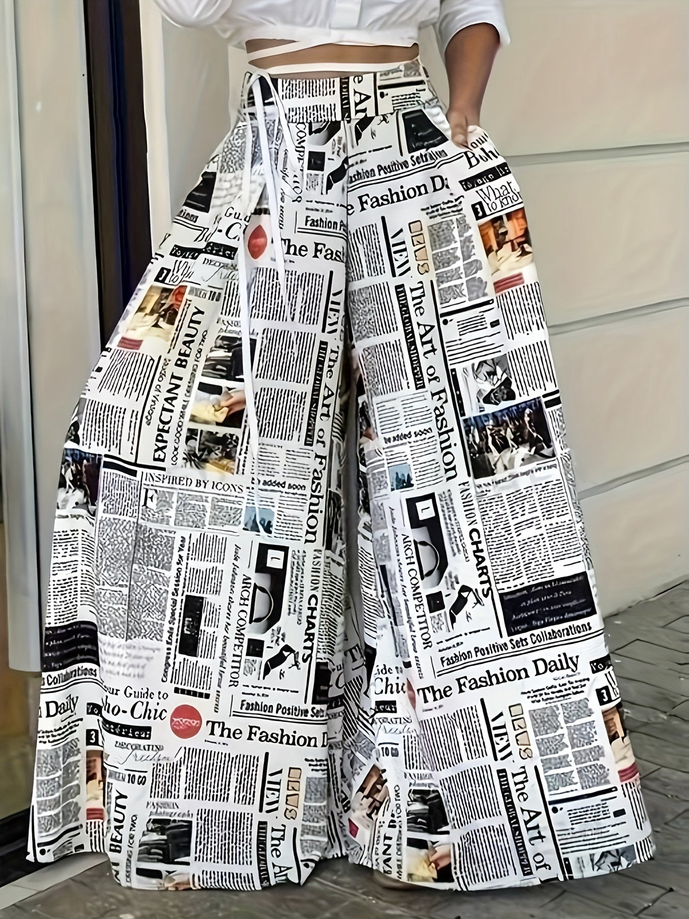 Newspaper Print Wide Leg Pockets Pants, Casual & Versatile High Waist Pants For Spring & Summer, Women's Clothing