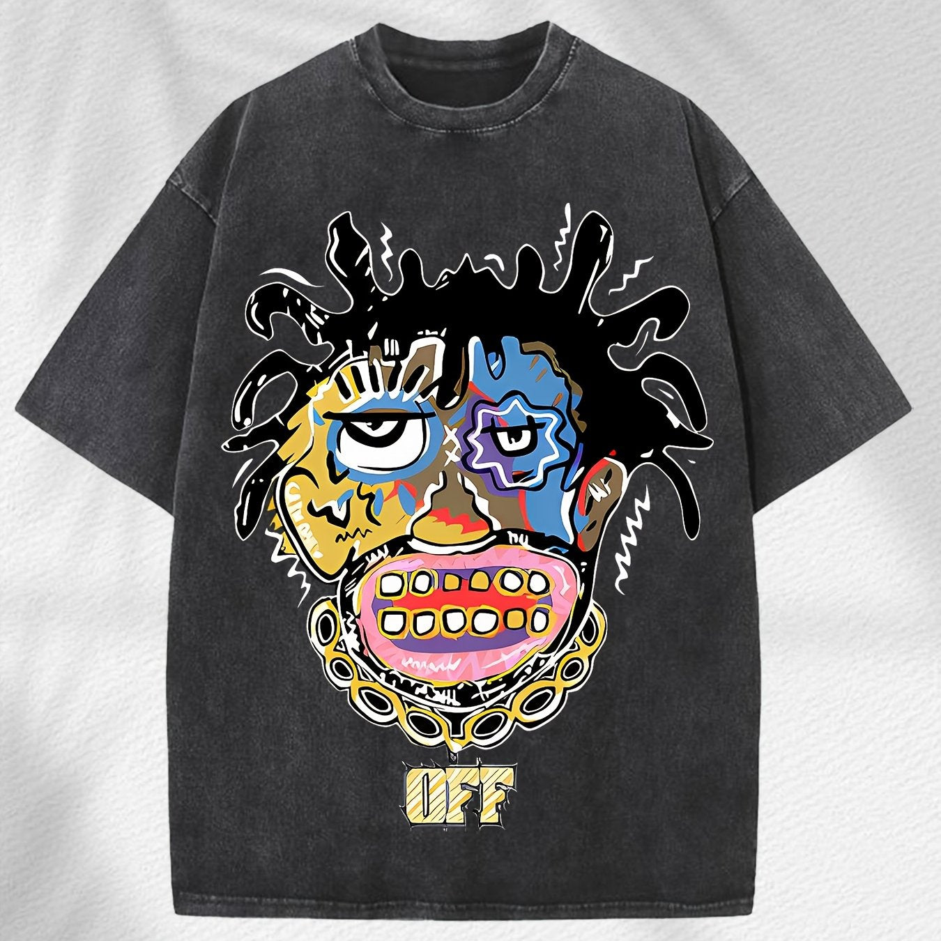 Home Relaxation | Men's Trendy Washed Cotton Graphic Tee - Blue Short Sleeve with Colorful Abstract Face & "OFF" Print, Casual Summer Shirt