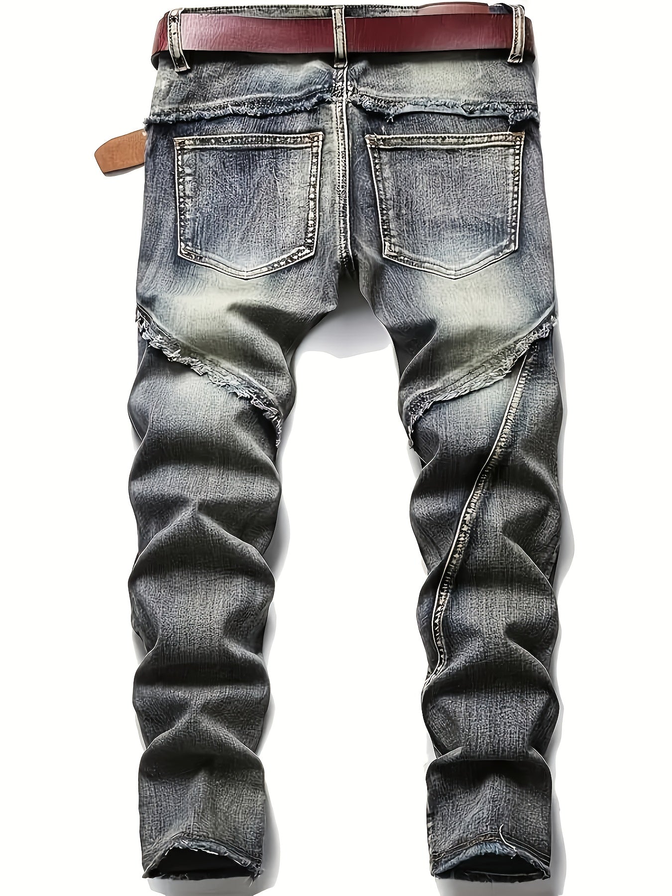 Men Jeans - Mid-Waist Elastic Slim Straight Leg, Heavy-Duty Workwear Pants with Zipper Closure, Stretch Denim Trousers for Streetwear, Casual