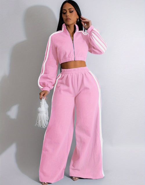 Load image into Gallery viewer, Autumn Striped Long-Sleeved Two-Piece Set - Contrasting Color Zipper Thickened Sweatshirt Casual Commuting Set, Solid Color Striped Side Trim, Elastic Short Top, Comfortable Straight-Leg Pants
