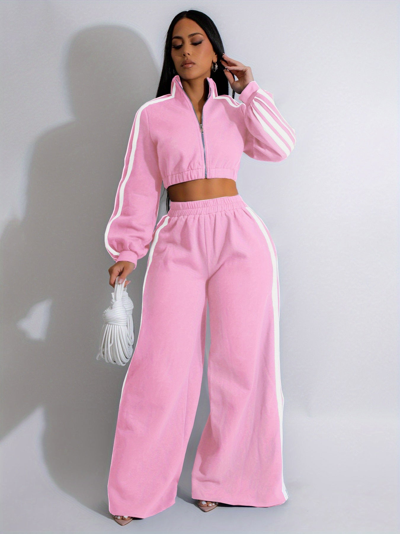 Autumn Striped Long-Sleeved Two-Piece Set - Contrasting Color Zipper Thickened Sweatshirt Casual Commuting Set, Solid Color Striped Side Trim, Elastic Short Top, Comfortable Straight-Leg Pants