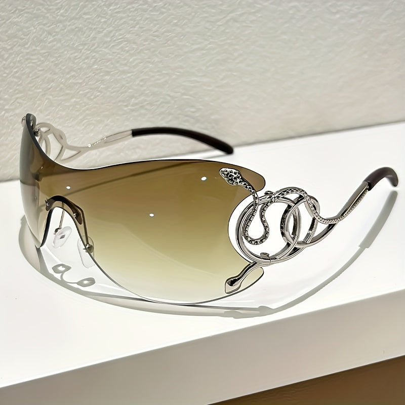 Y2K Style Frameless Glasses with Snake Design Hinges - Zinc Alloy, Clear PC Lenses, Futuristic Metallic Finish for Streetwear Fashion