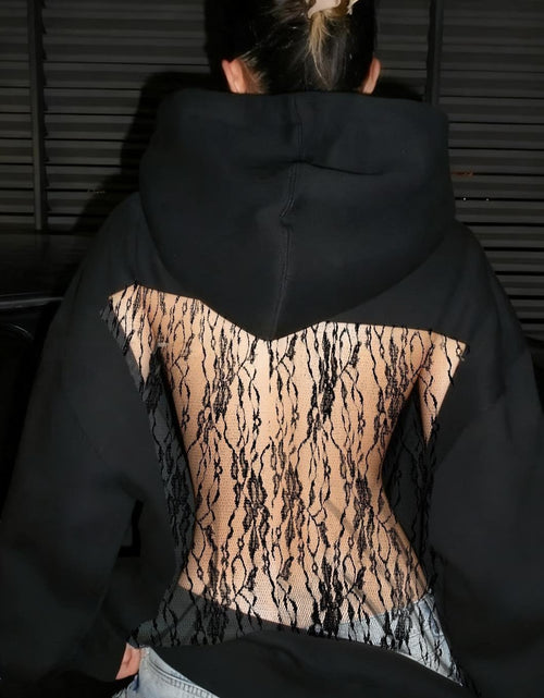 Load image into Gallery viewer, Women's Solid Color Open Back Mesh Hooded Sweatshirt - Long Fall Nightclub Sweater with, Semi-Sheer Elegant Sweaters for Parties &amp; Casual Wear, Dress Length (Hand Wash Care)
