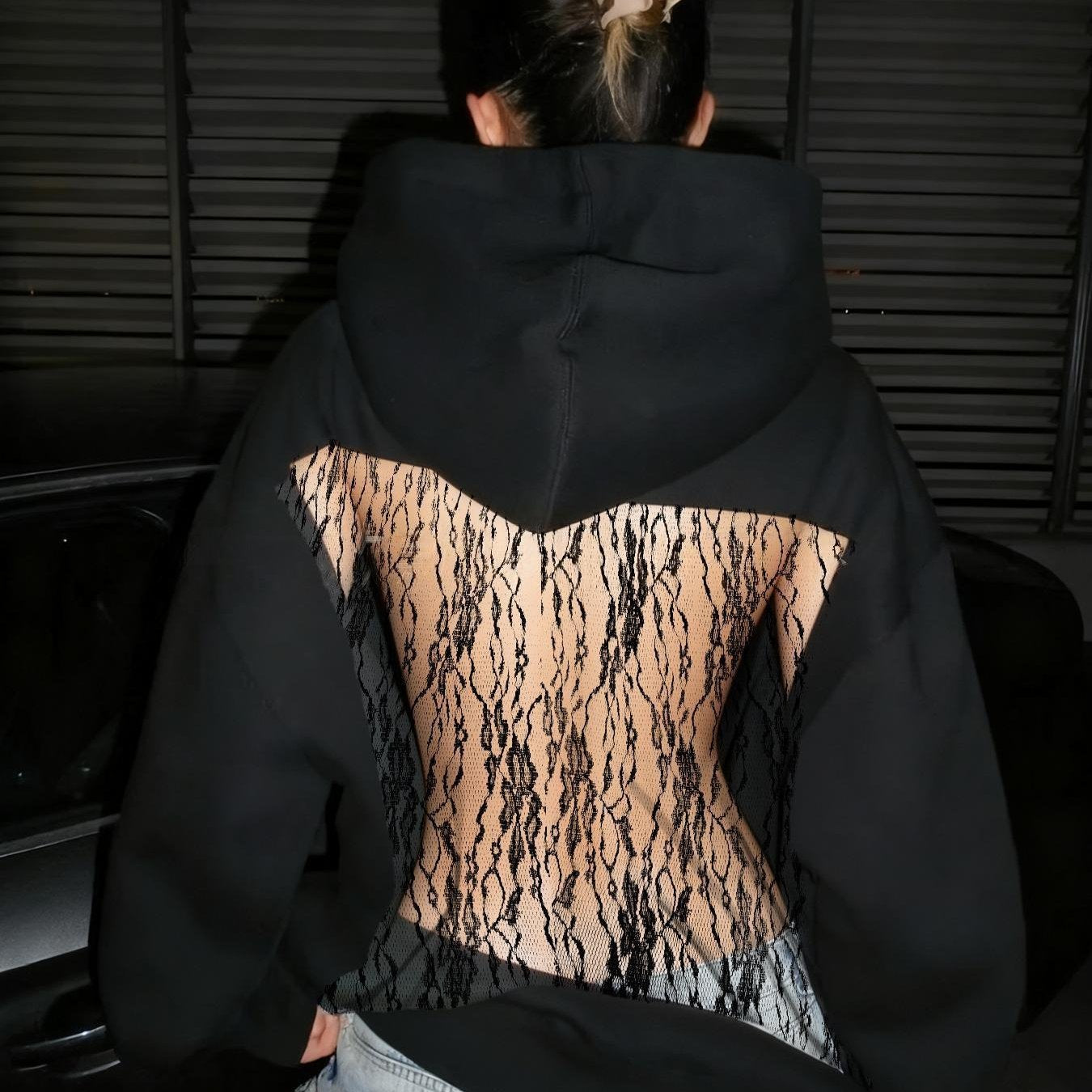 Women's Solid Color Open Back Mesh Hooded Sweatshirt - Long Fall Nightclub Sweater with, Semi-Sheer Elegant Sweaters for Parties & Casual Wear, Dress Length (Hand Wash Care)