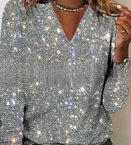 Women Shiny Sequin Blouse - Sparkling Long Sleeve Shirt, Non-See-Through Loose Fit Top Suitable for Party & Casual Attire, Machine Washable