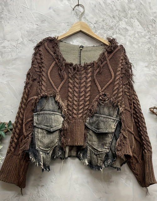 Load image into Gallery viewer, Trendy Braided Patchwork Denim Crewneck Long-Sleeve Cropped Sweater for Women, Fall/ Winter 2025
