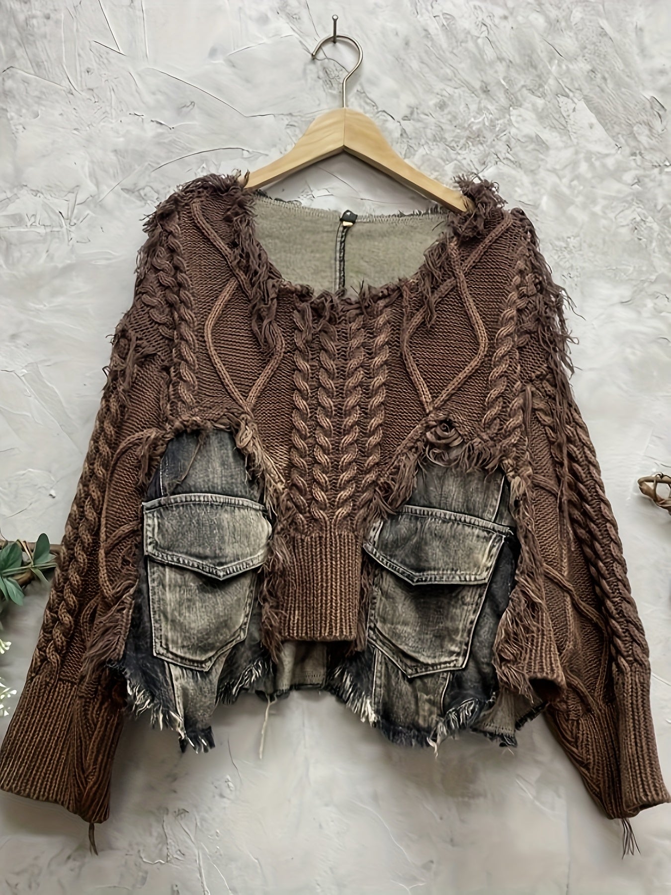 Trendy Braided Patchwork Denim Crewneck Long-Sleeve Cropped Sweater for Women, Fall/ Winter 2025