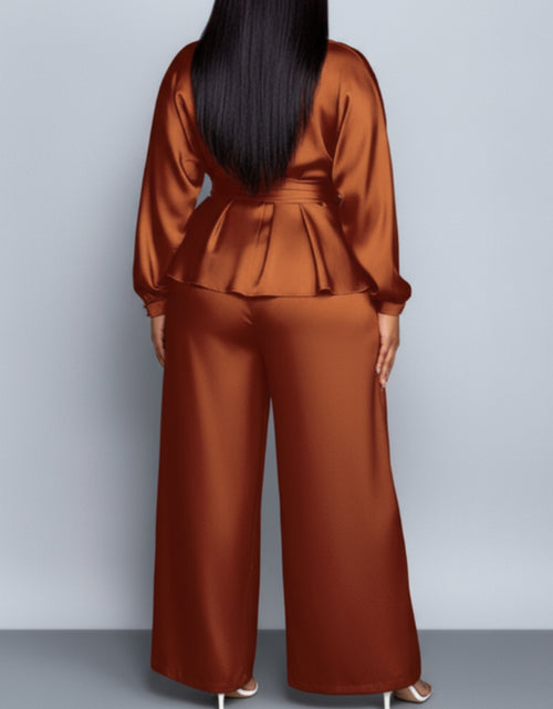 Load image into Gallery viewer, Plus Size, Plus - Size Women&#39;s Satin V - Neck Top &amp; Wide - Leg Pants Two - Piece Set |The waist design adds layers Very Fashionable
