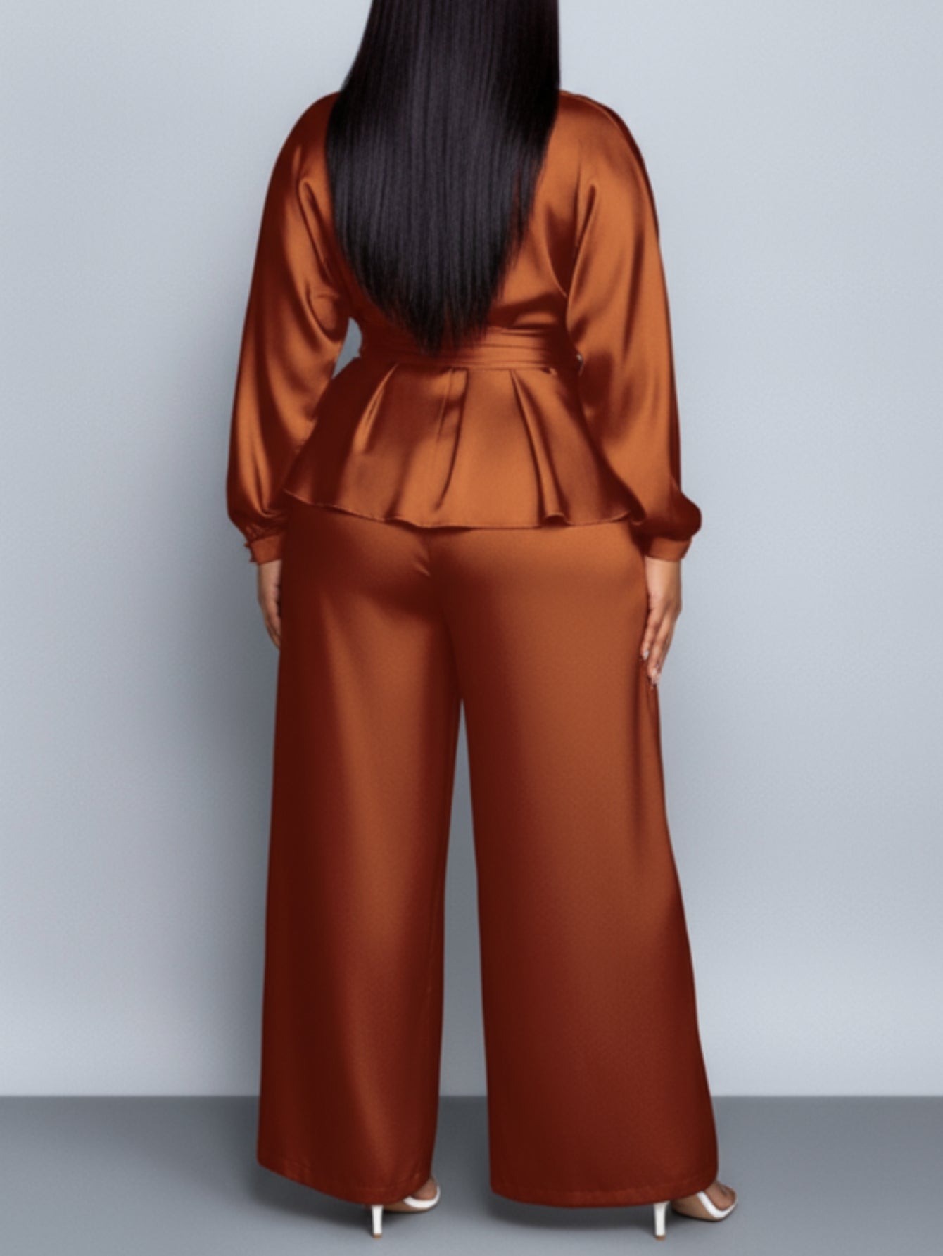 Plus Size, Plus - Size Women's Satin V - Neck Top & Wide - Leg Pants Two - Piece Set |The waist design adds layers Very Fashionable