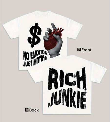Men Double-Sided Graphic T-Shirt - Bold "NO EMOTION JUST MOTIVATION" & "RICH JUNKIE" Print, Loose Fit Casual Short Sleeve Tee, Multi-Color Options, Summer Comfort, Round Neck