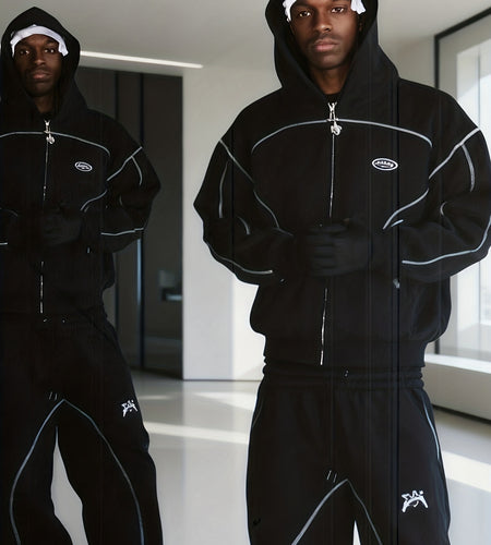 Men Hip-Hop Street Style Solid Color Sportswear Set - Loose Sweatshirt and Joggers, Unisex Zip-Up Hoodie Outfit, Fashionable Casual Wear,  Sizes Run Small, Order One Size Up