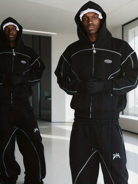 Men Hip-Hop Street Style Solid Color Sportswear Set - Loose Sweatshirt and Joggers, Unisex Zip-Up Hoodie Outfit, Fashionable Casual Wear,  Sizes Run Small, Order One Size Up