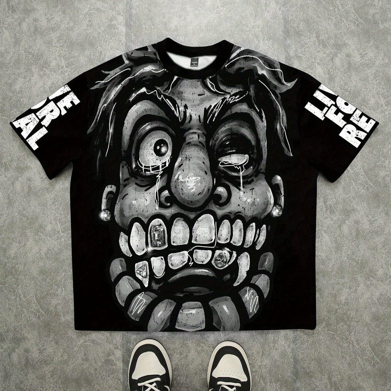 [Funny Face Graphic Tee] Funny Face Print Graphic T-Shirt | Men's Loose Streetwear Tee Shirts