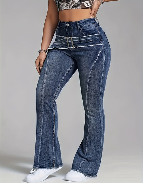 Load image into Gallery viewer, Ladies' Retro Washed Fringed Fake Waistband Design with Curved Edge And Slightly Flared Jeans
