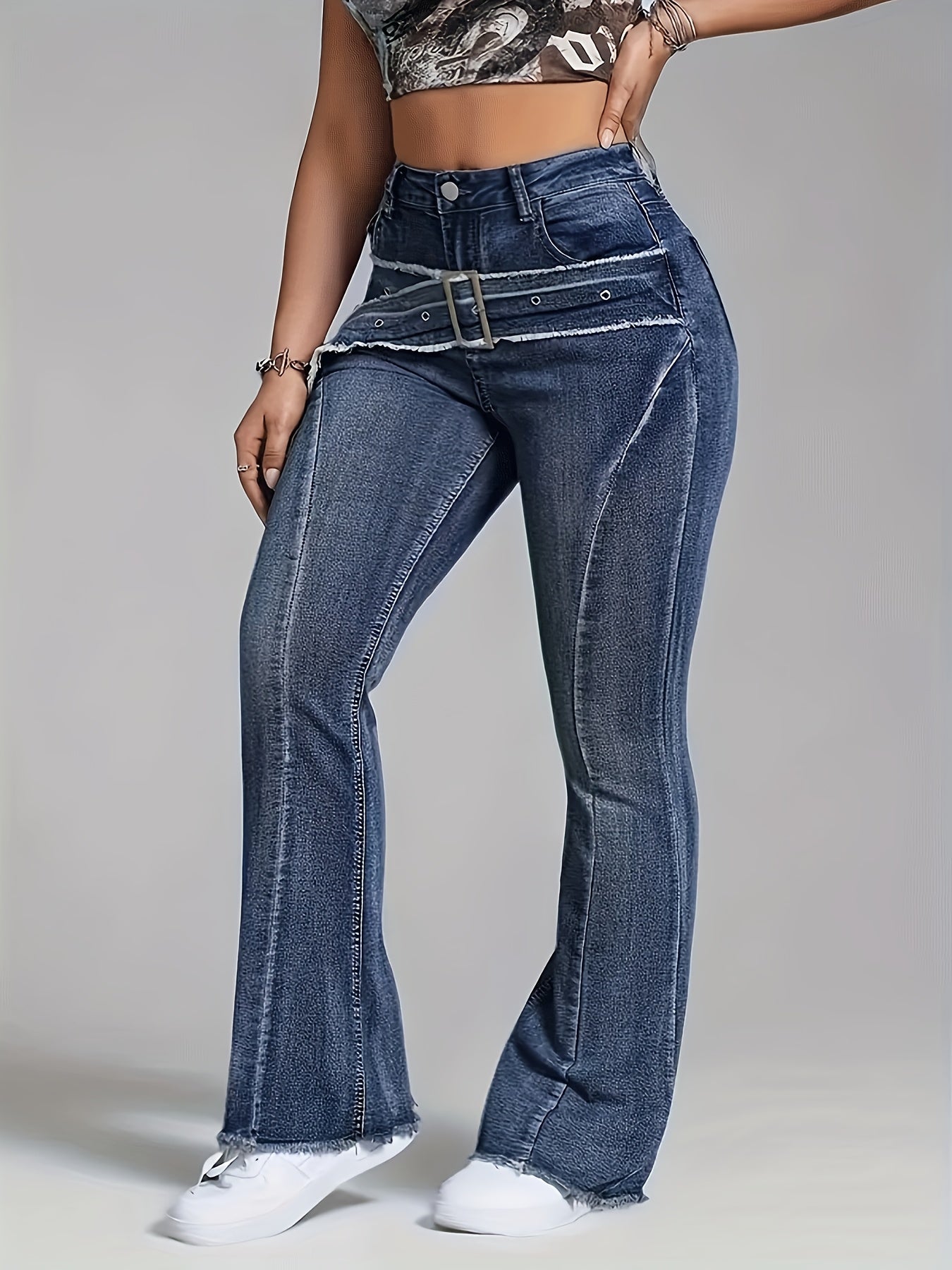 Ladies' Retro Washed Fringed Fake Waistband Design with Curved Edge And Slightly Flared Jeans