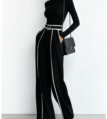 Black Mock Neck Top + Black White Striped Wide-Leg Pants Set for Women | Capable Fashion Style
