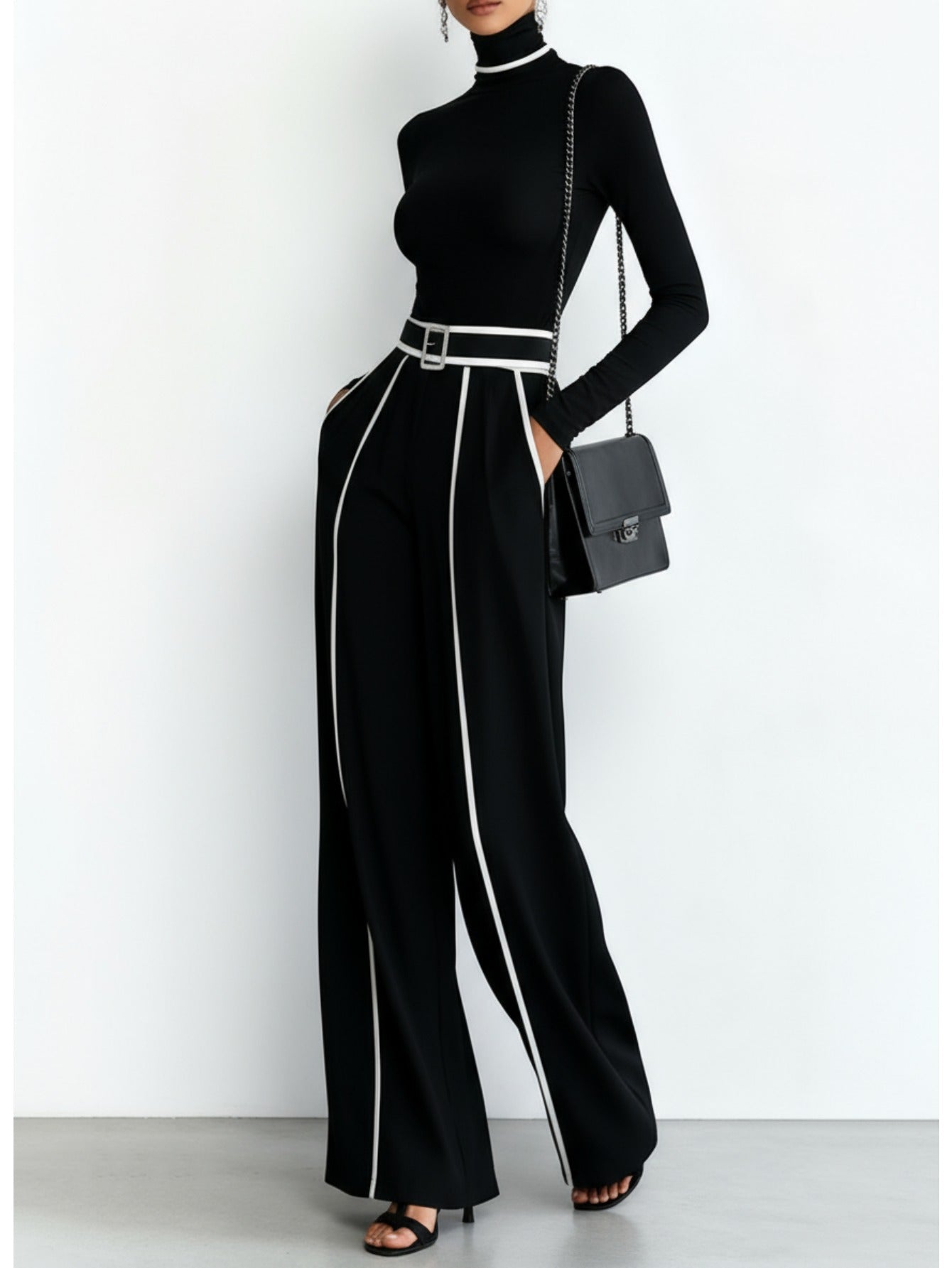Black Mock Neck Top + Black White Striped Wide-Leg Pants Set for Women | Capable Fashion Style