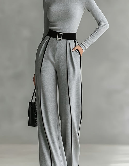 Load image into Gallery viewer, Black Mock Neck Top + Black White Striped Wide-Leg Pants Set for Women | Capable Fashion Style
