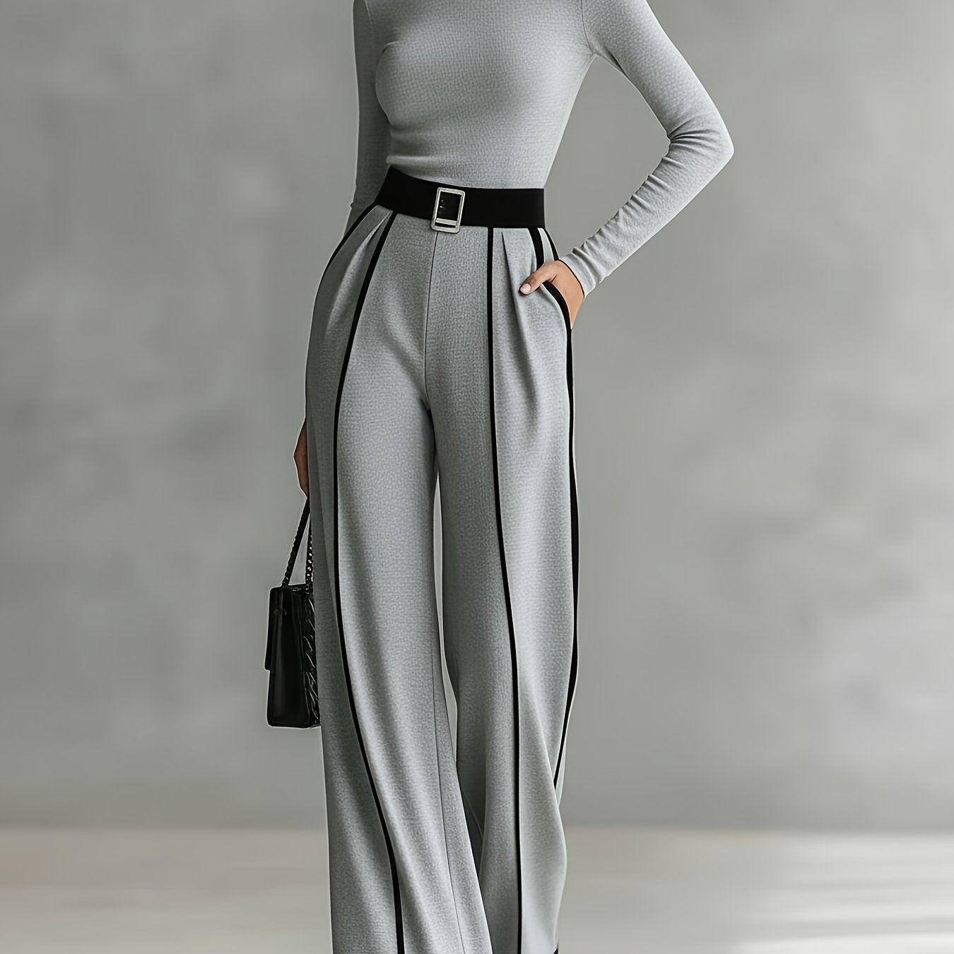 Black Mock Neck Top + Black White Striped Wide-Leg Pants Set for Women | Capable Fashion Style