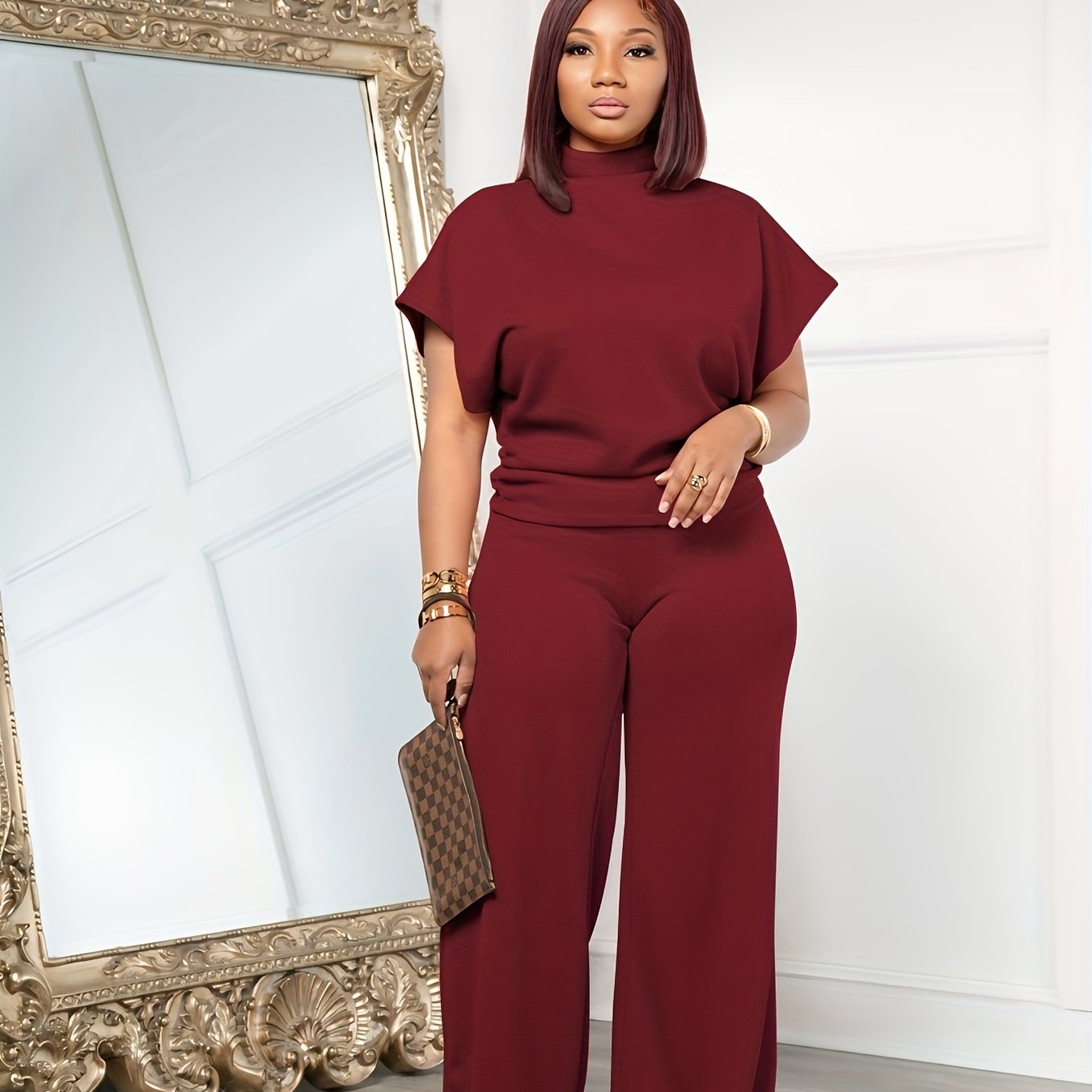 [Spring Casual Set] Two-piece Spring And Summer Casual Set | Women's Short Sleeved Semi High Neck Loose Top Wide Leg Pants Set, Casual Sports Set