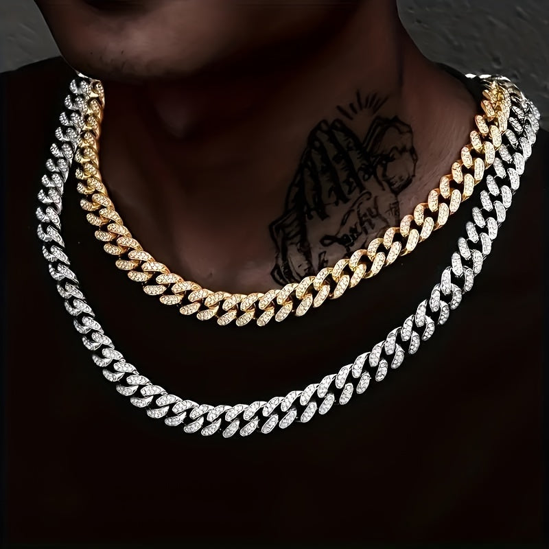 2pcs Set Necklace & Bracelet Hip Hop Style Unisex Jewelry Suit Cuban Link Chain Design Band Shiny Unisex Jewelry