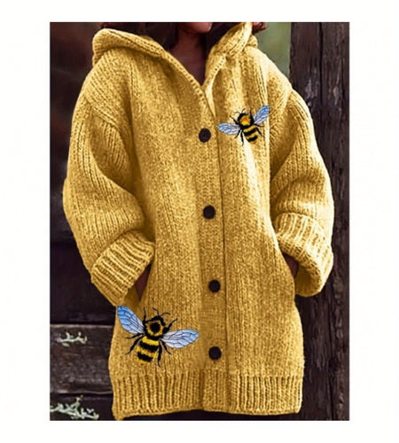 Plus Size - Women Cozy Yellow Hooded Cardigan with Bee Embroidery - Thick, Warm Sweater for Fall & Winter, Casual V-Neck Design with Black Buttons, Long Sleeves, and Pockets, Winter Cardigan