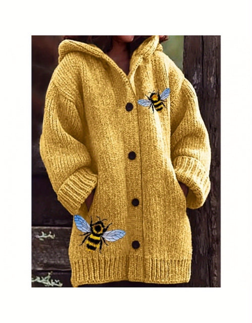 Load image into Gallery viewer, Plus Size - Women Cozy Yellow Hooded Cardigan with Bee Embroidery - Thick, Warm Sweater for Fall &amp; Winter, Casual V-Neck Design with Black Buttons, Long Sleeves, and Pockets, Winter Cardigan
