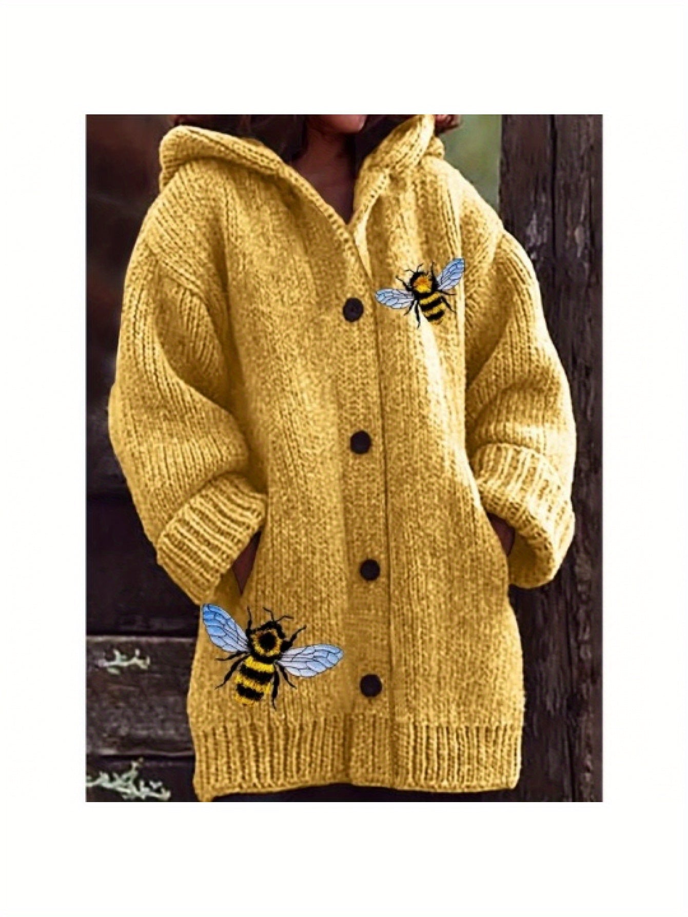 Plus Size - Women Cozy Yellow Hooded Cardigan with Bee Embroidery - Thick, Warm Sweater for Fall & Winter, Casual V-Neck Design with Black Buttons, Long Sleeves, and Pockets, Winter Cardigan