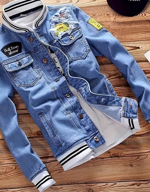Load image into Gallery viewer, Men Vintage-Style Distressed Denim Jacket - Slim Fit Fashionable Motorcycle Outerwear, Featuring Embroidery Design, Blue Casual Streetwear, Trendy And Stylish, Distressed Denim Apparel | Classic Baseball Jacket Style Design
