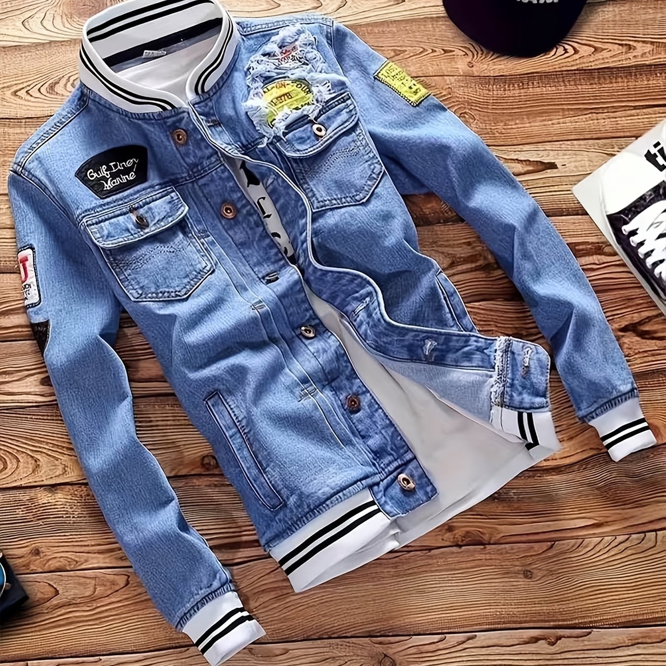 Men Vintage-Style Distressed Denim Jacket - Slim Fit Fashionable Motorcycle Outerwear, Featuring Embroidery Design, Blue Casual Streetwear, Trendy And Stylish, Distressed Denim Apparel | Classic Baseball Jacket Style Design