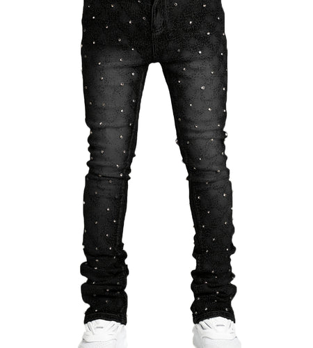 Men's Sparkling Elastic Straight Jeans ,Skinny Cotton Blend with Nail Drill Decoration