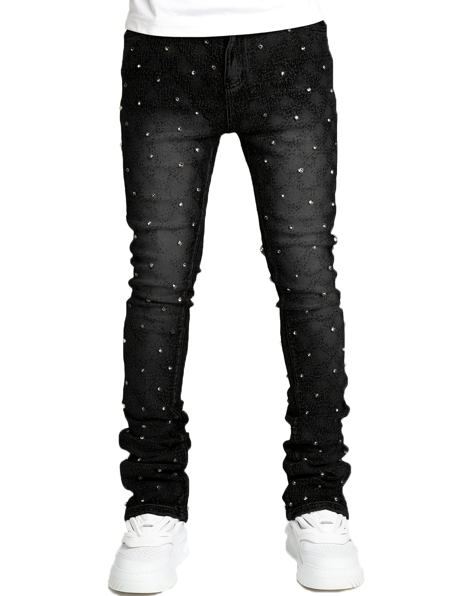 Men's Sparkling Elastic Straight Jeans ,Skinny Cotton Blend with Nail Drill Decoration