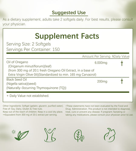 Hi Plus Oil Of Oregano Soft gels 6000mg Per Serving, 300 Count | 2-in-1 Formula With Black Seed Oil 200mg, 4X Strength Carvacrol & Thymoquinone | Plant-Based, Immune Support