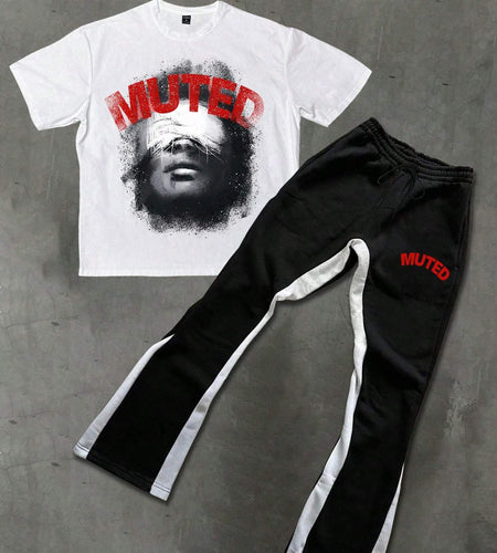 Men "MUTED" Graphic T-Shirt & Joggers Set - Casual Summer Outfit with Bold Red Letter Print, Loose Fit, Breathable Fabric