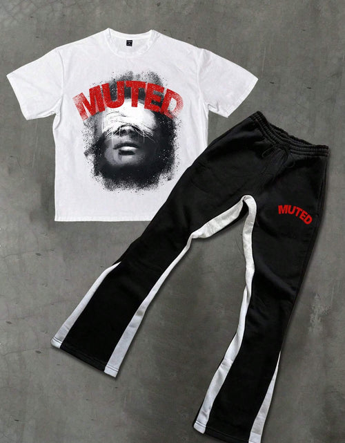 Load image into Gallery viewer, Men &quot;MUTED&quot; Graphic T-Shirt &amp; Joggers Set - Casual Summer Outfit with Bold Red Letter Print, Loose Fit, Breathable Fabric
