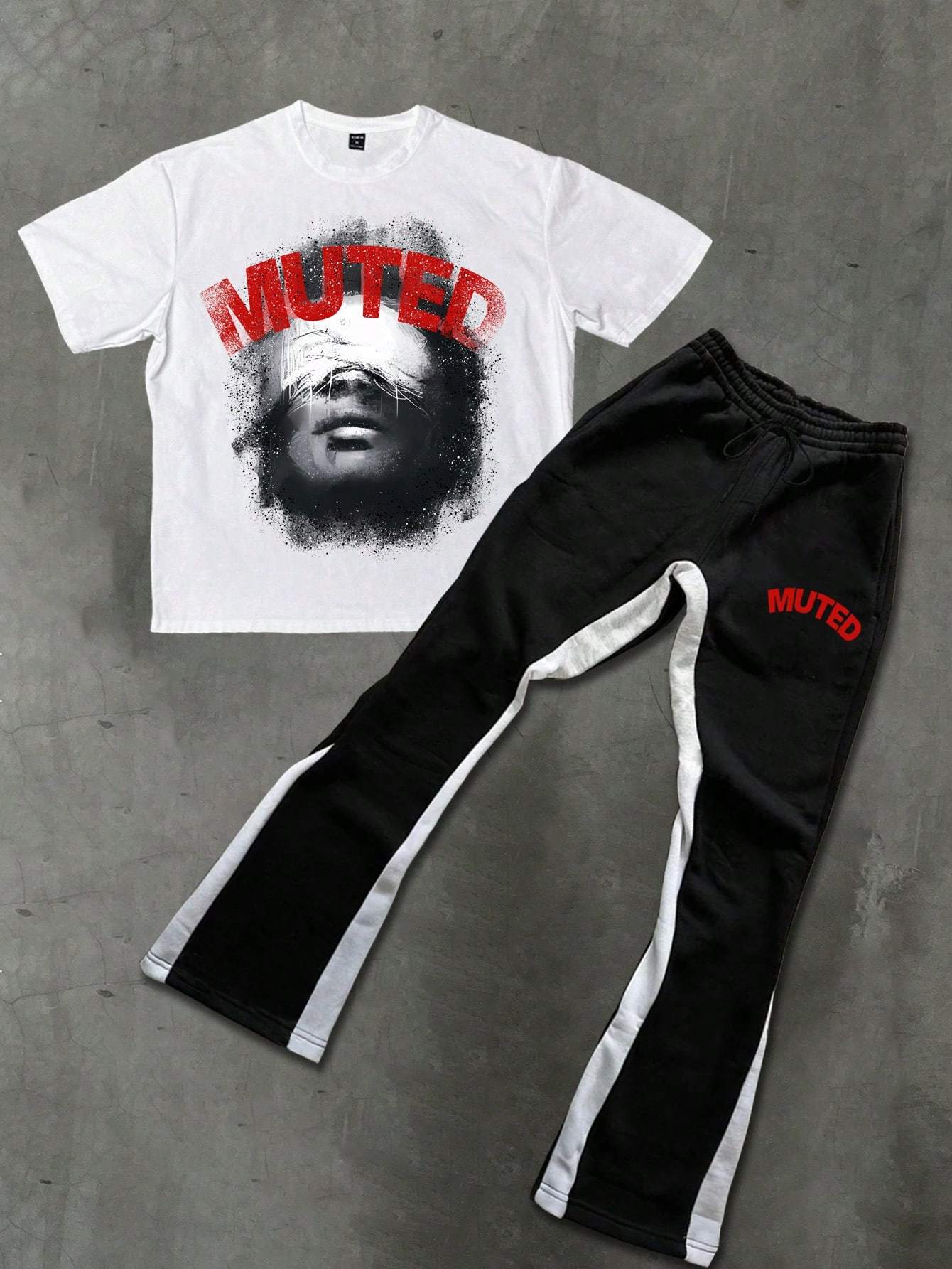Men "MUTED" Graphic T-Shirt & Joggers Set - Casual Summer Outfit with Bold Red Letter Print, Loose Fit, Breathable Fabric
