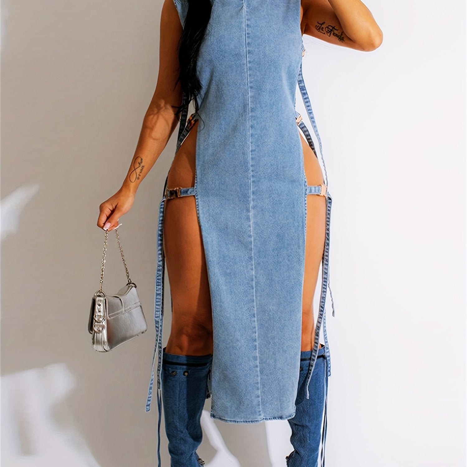 Sexy Denim Bodycon Dress - Mock Neck Midi With Side Lace-Up Cutouts, Sleeveless Tank Style Party Dress For Clubbing/Night Out (Stretch Vintage Blue Wash)