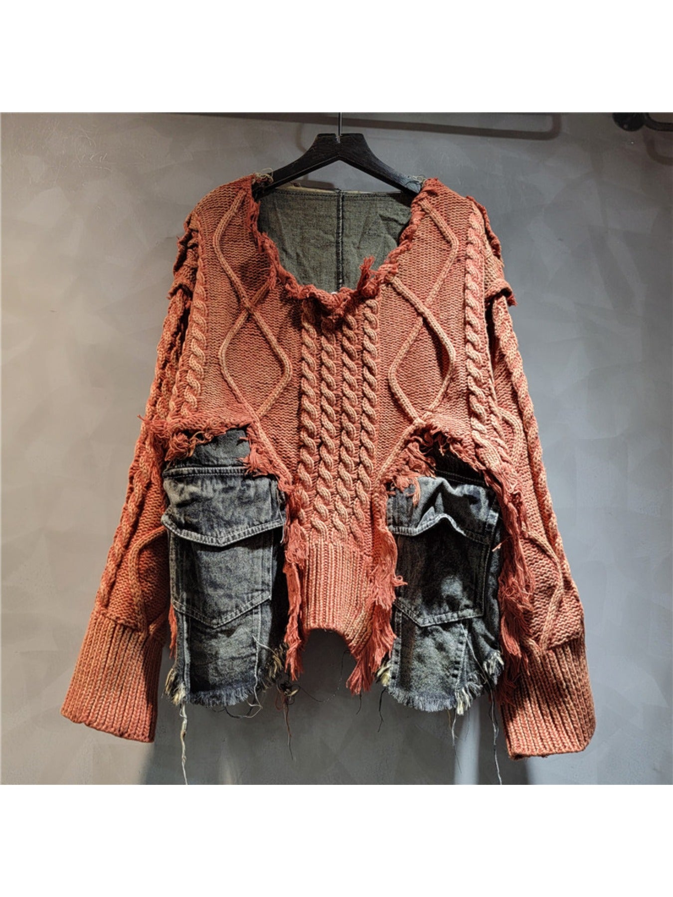 Trendy Braided Patchwork Denim Crewneck Long-Sleeve Cropped Sweater for Women, Fall/ Winter 2025