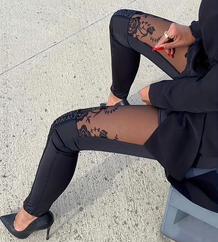 Women Sheer Mesh & Lace Embellished Skinny Pants - Stretchy Tight-Fitting High-Waisted Ankle-Length Leggings with Elastic Waistband