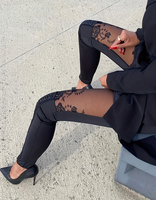 Load image into Gallery viewer, Women Sheer Mesh &amp; Lace Embellished Skinny Pants - Stretchy Tight-Fitting High-Waisted Ankle-Length Leggings with Elastic Waistband
