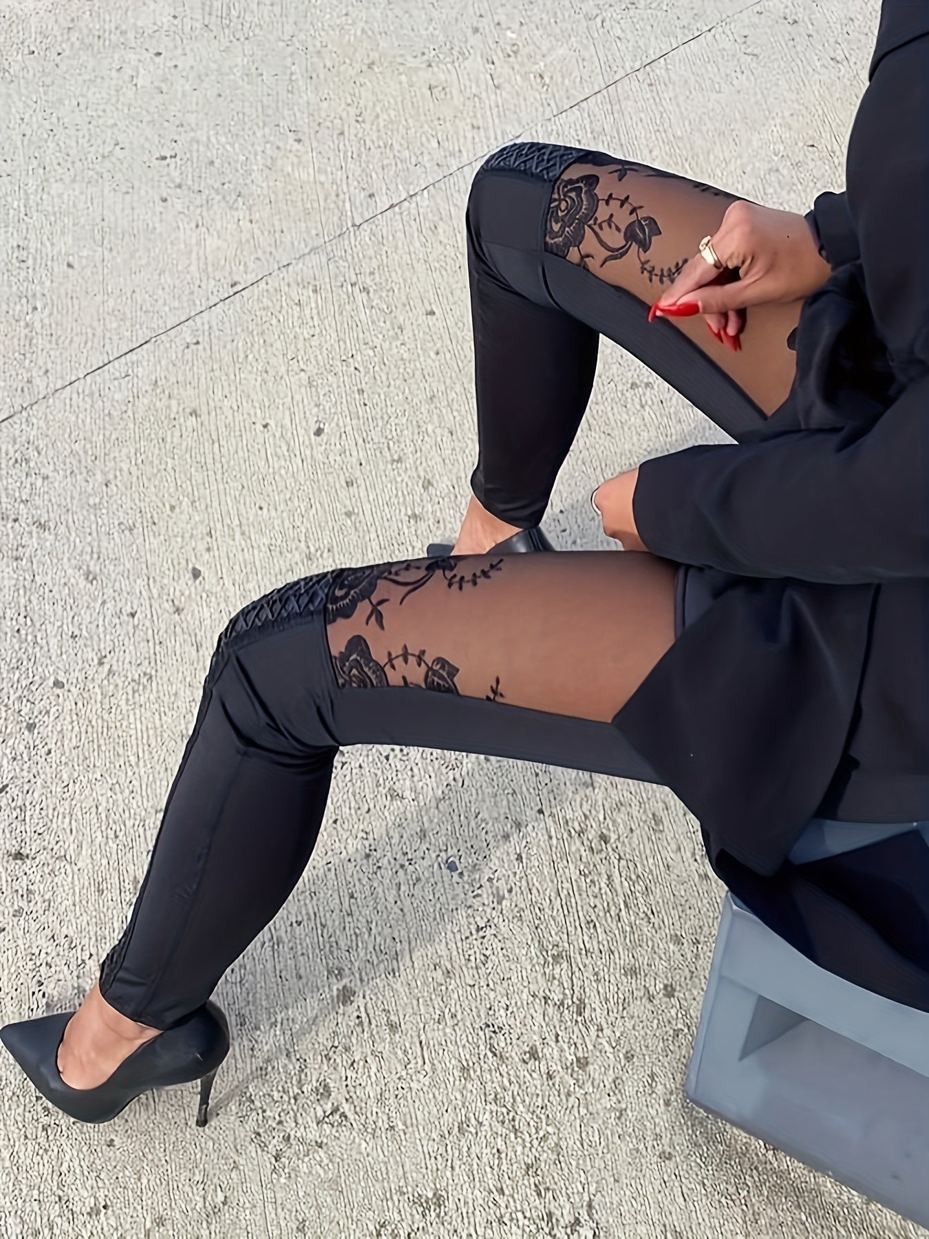 Women Sheer Mesh & Lace Embellished Skinny Pants - Stretchy Tight-Fitting High-Waisted Ankle-Length Leggings with Elastic Waistband