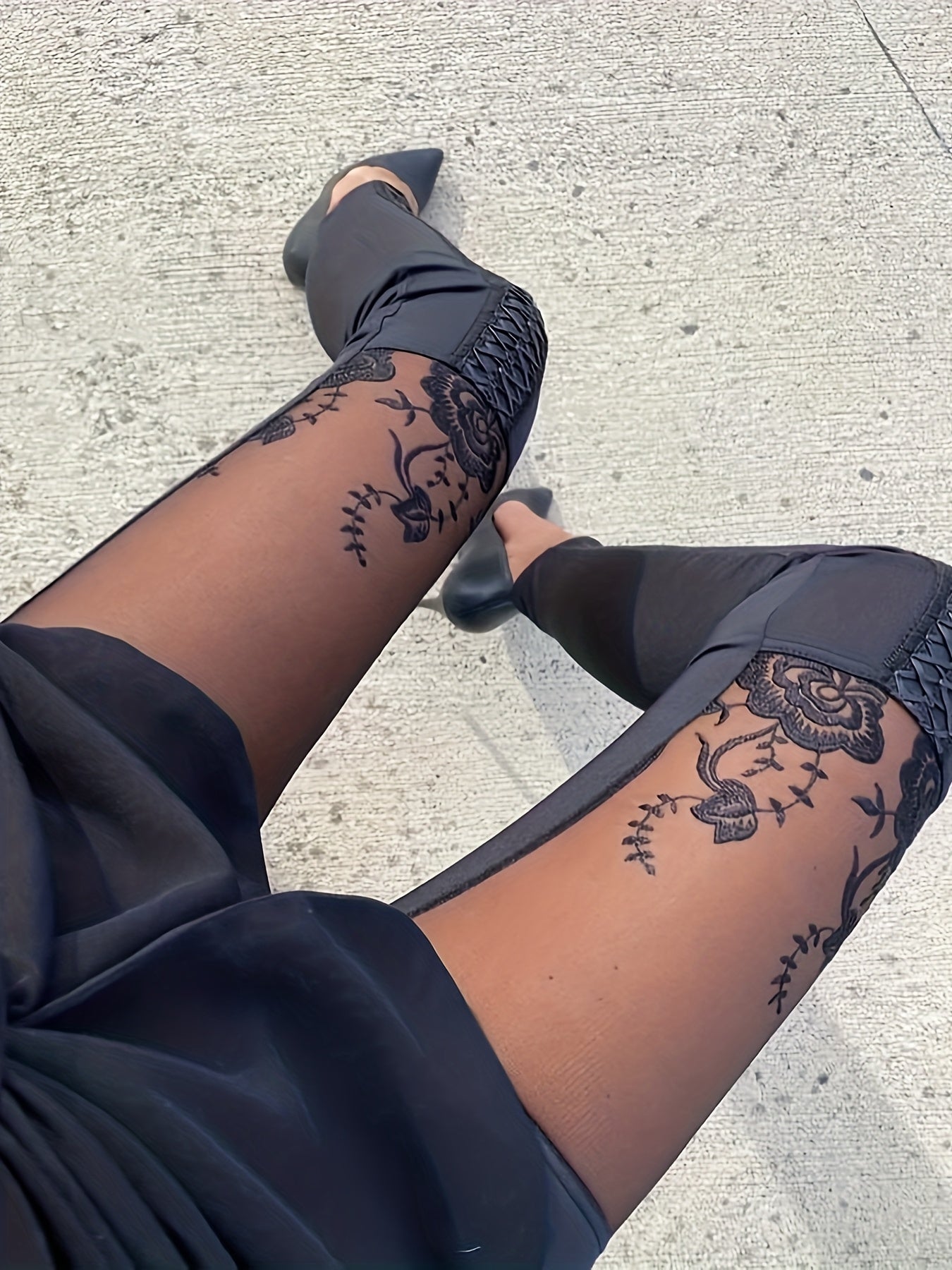 Women Sheer Mesh & Lace Embellished Skinny Pants - Stretchy Tight-Fitting High-Waisted Ankle-Length Leggings with Elastic Waistband