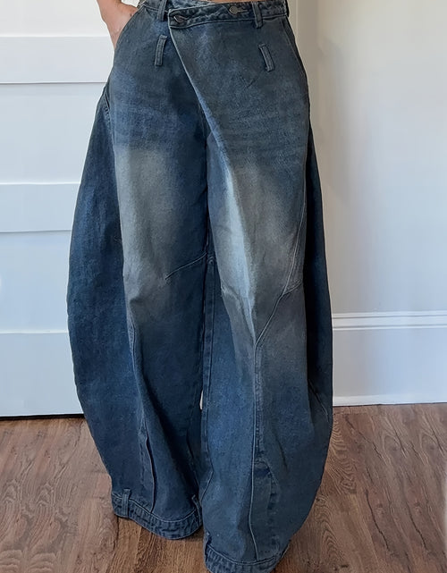 Load image into Gallery viewer, Women Cross-Buckle High Waist Pants - Asymmetrical Open Wide Leg Street Style Jeans, Vintage Tooling Casual Loose Pants with Pockets
