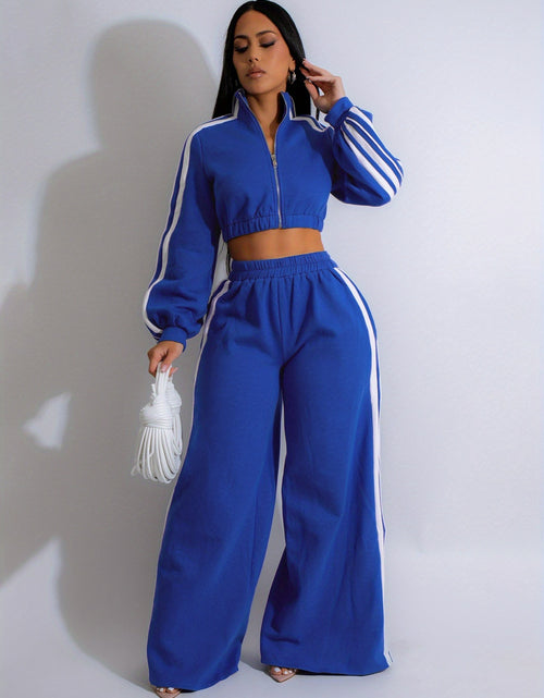 Load image into Gallery viewer, Autumn Striped Long-Sleeved Two-Piece Set - Contrasting Color Zipper Thickened Sweatshirt Casual Commuting Set, Solid Color Striped Side Trim, Elastic Short Top, Comfortable Straight-Leg Pants
